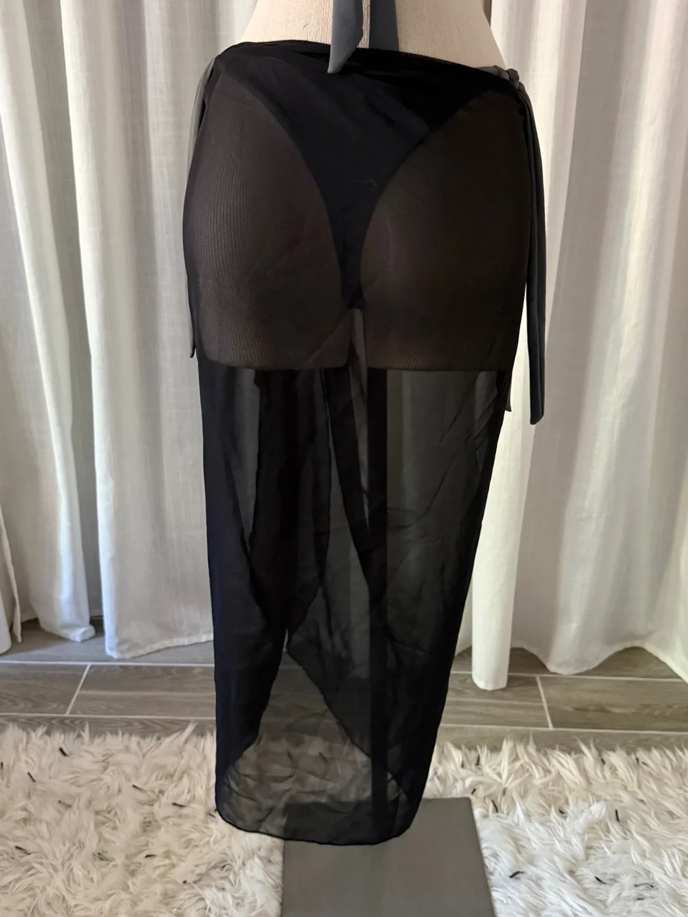 Women's Black Sheer Side-Tie Swim Sarong